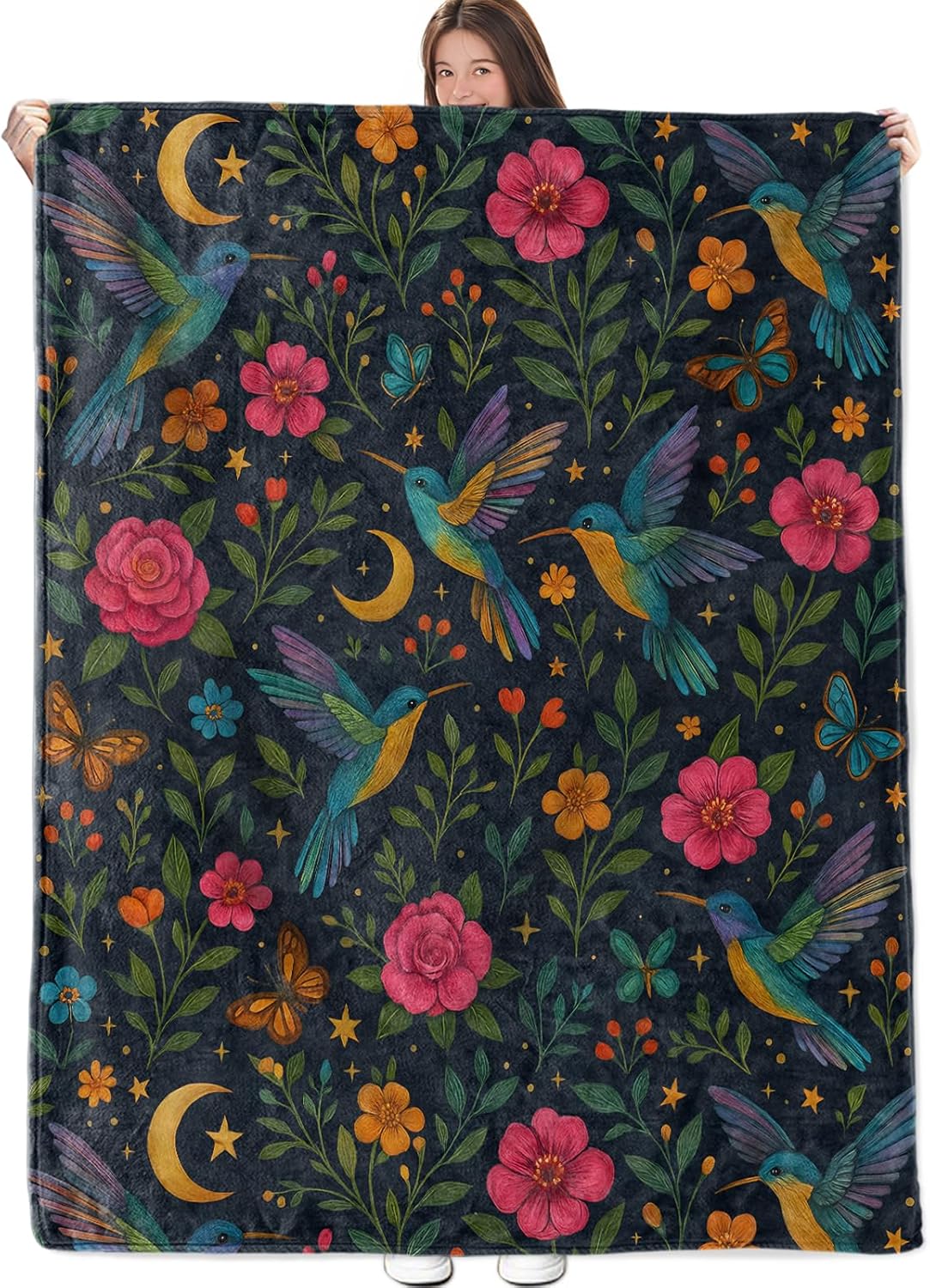 Floral Hummingbird Blanket, Bird and Flower Flannel Throw, Soft Cozy Lightweight Throws Blankets for Women Kids Girls, Colorful Home Decor for Sofa Couch Bedroom Home, 60x50 Inch