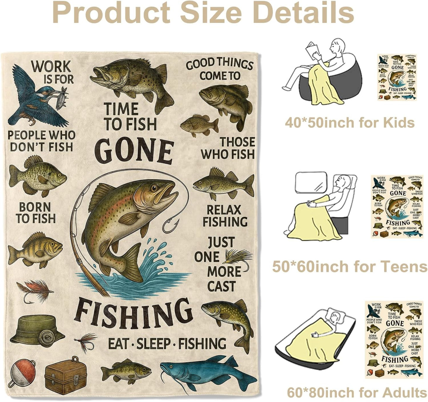 Vintage Fishing Throw Blanket, Lightweight Warm Flannel Blanket with Fish and Hook, Home Decor and Gifts, Soft Cozy Blankets for Fishermen, Dads, and Outdoor Lovers, 50"x60" for Bed Couch Travel