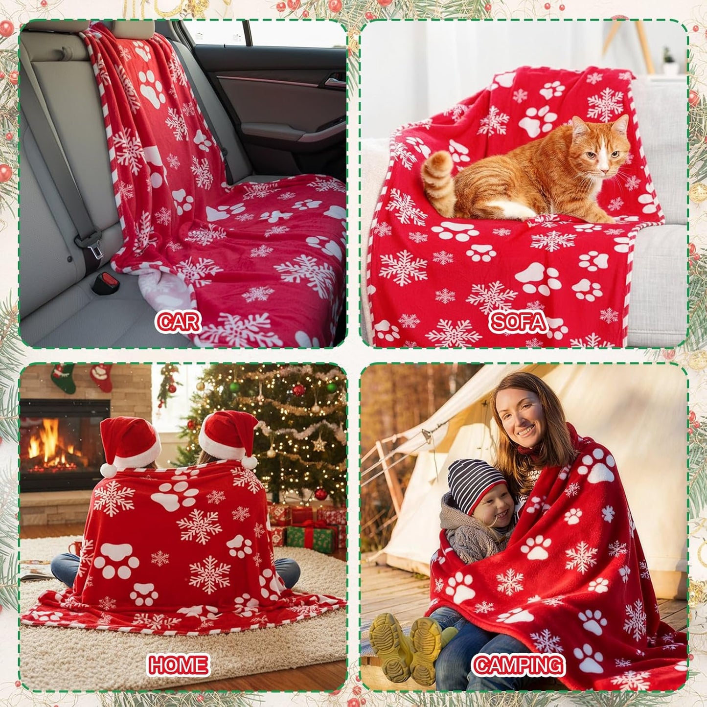 Christmas Flannel Blanket 50 x 60 Inch Cat Dog Paw Pattern Throws Blanket Soft Lightweight Cozy Gift Holiday for Bed Couch Sofa