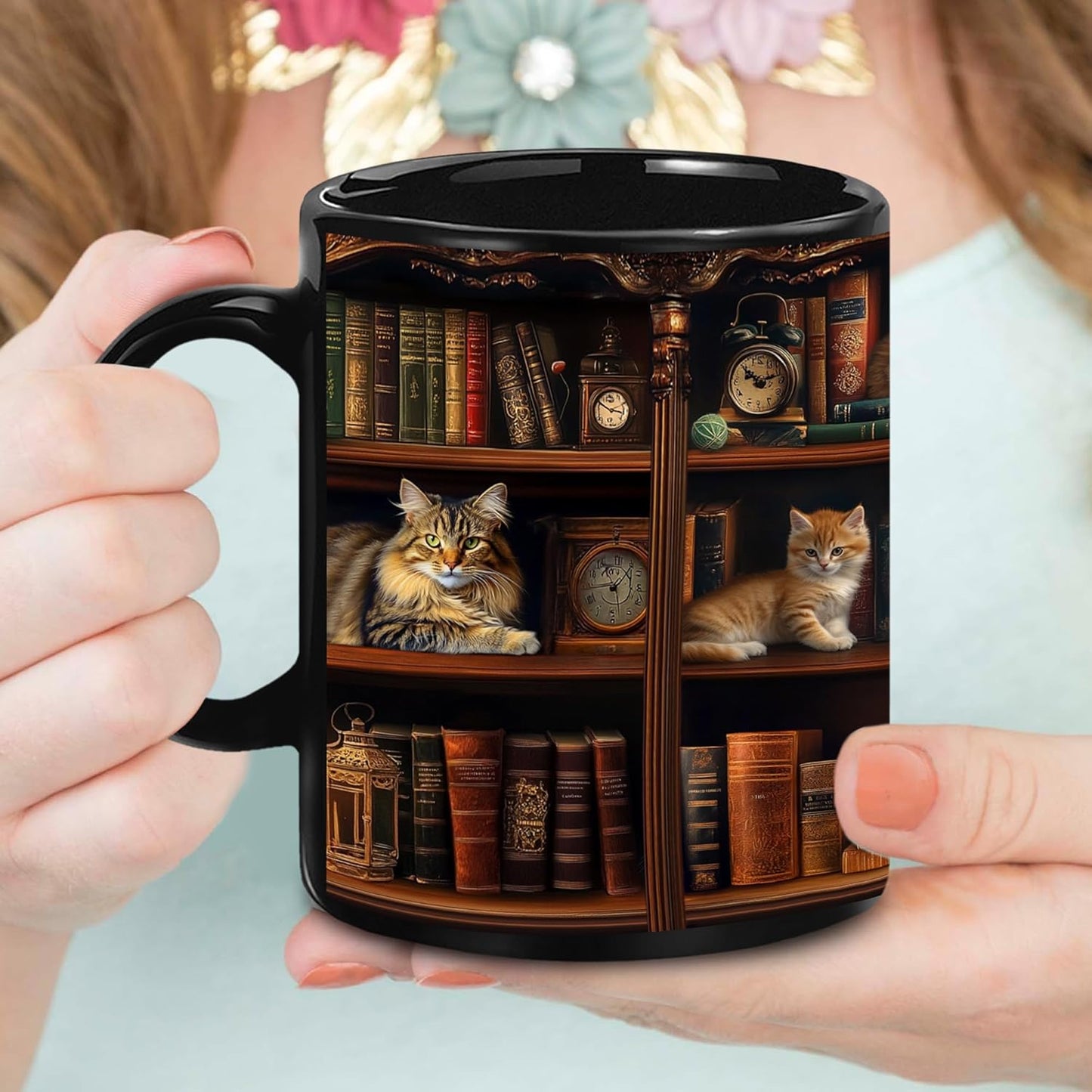 Book Lovers Gift - Bookshelf Gifts - Cat Book Mug - Bookish, Bookworm Gifts - Bookshelf Mug - Book Mug For Women, Reader, Librarian, Write - Birthday Gift Idea For Cat Lover, Owner Cat
