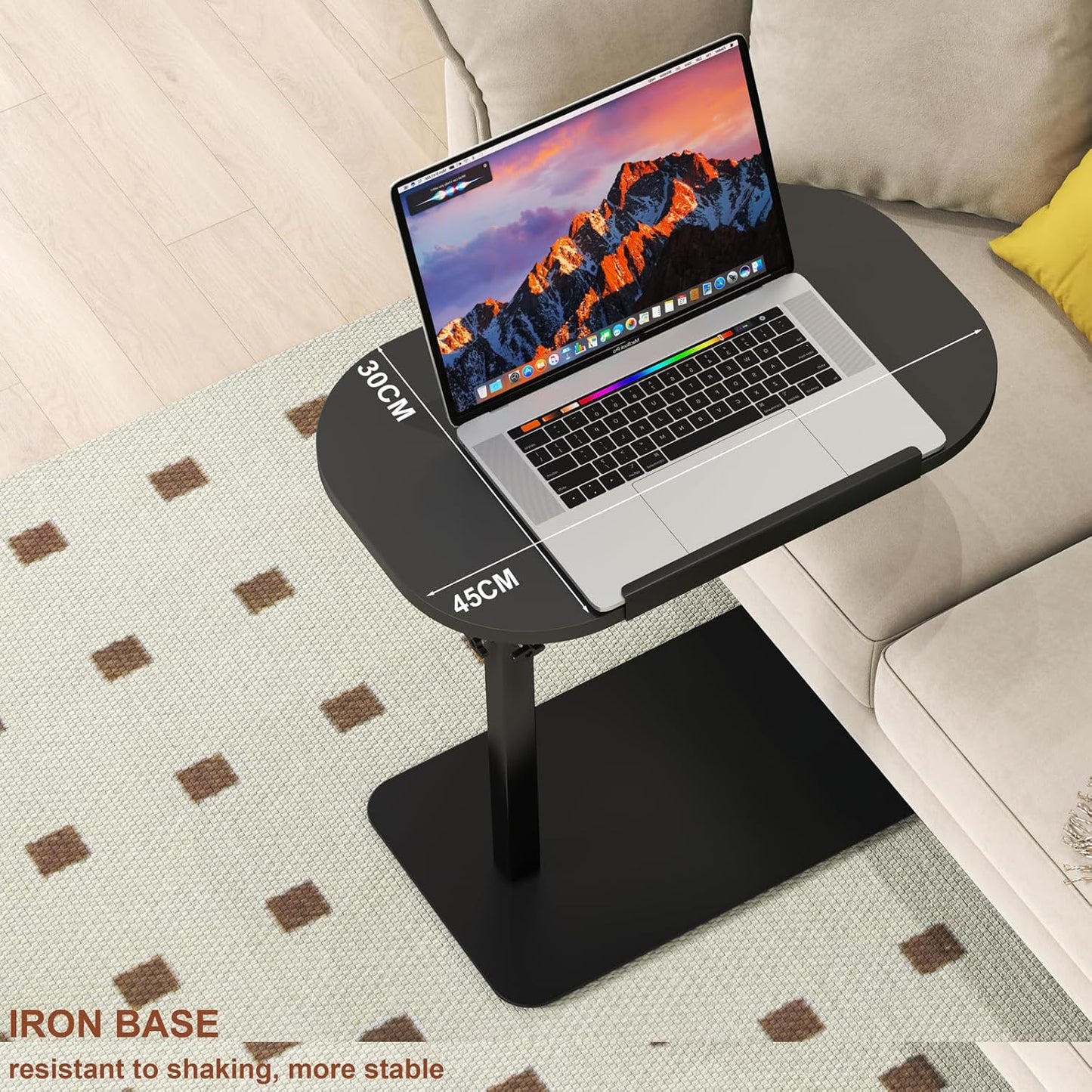 Solid Wood C Shaped Side Table for Sofa/Bed, Adjustable Height C Shaped End Table Metal Base, 360°Swivel/Flip Top Couch Tables That Slide Under, Small Spaces Laptop Stand Coffee Table (Black)
