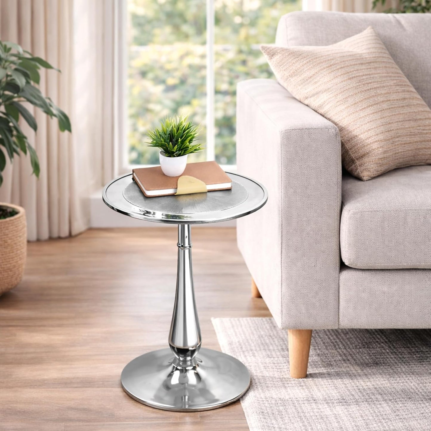 End Table, Modern Side Table for Living Room, Bedroom Nightstand, Small Coffee, Space - Saving, Round Beside Tables for for Living Room and Balcony, Easy Assembly 15x22 (Silver)