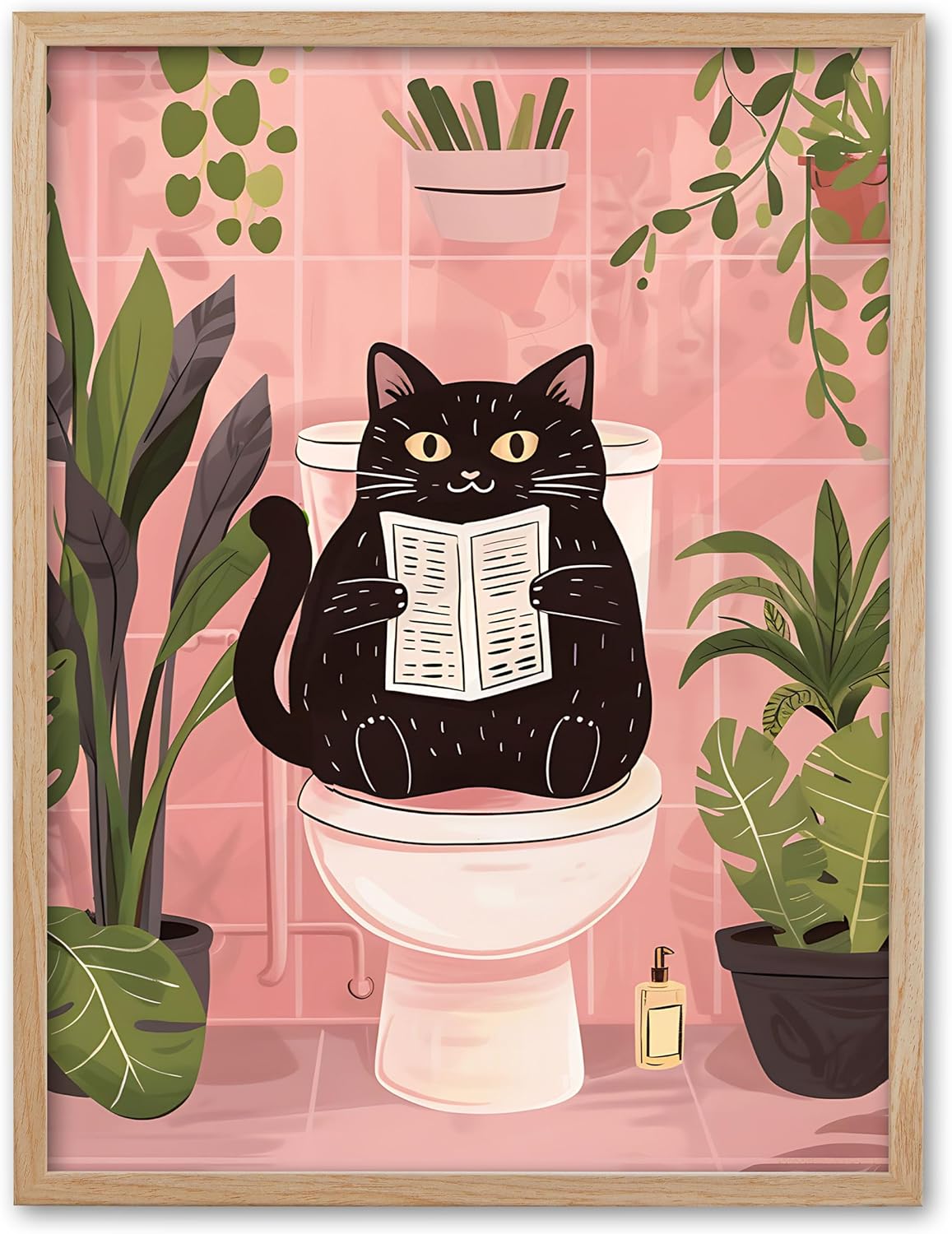 UPWOIGH Beige OAK Framed Wall Art, Black Cat Reading the Newspaper Poster, Wood Canvas Wall Decor,Animals Abstract Prints, 12"x16"High-end Pictures for Bathroom Bedroom,1 Pack
