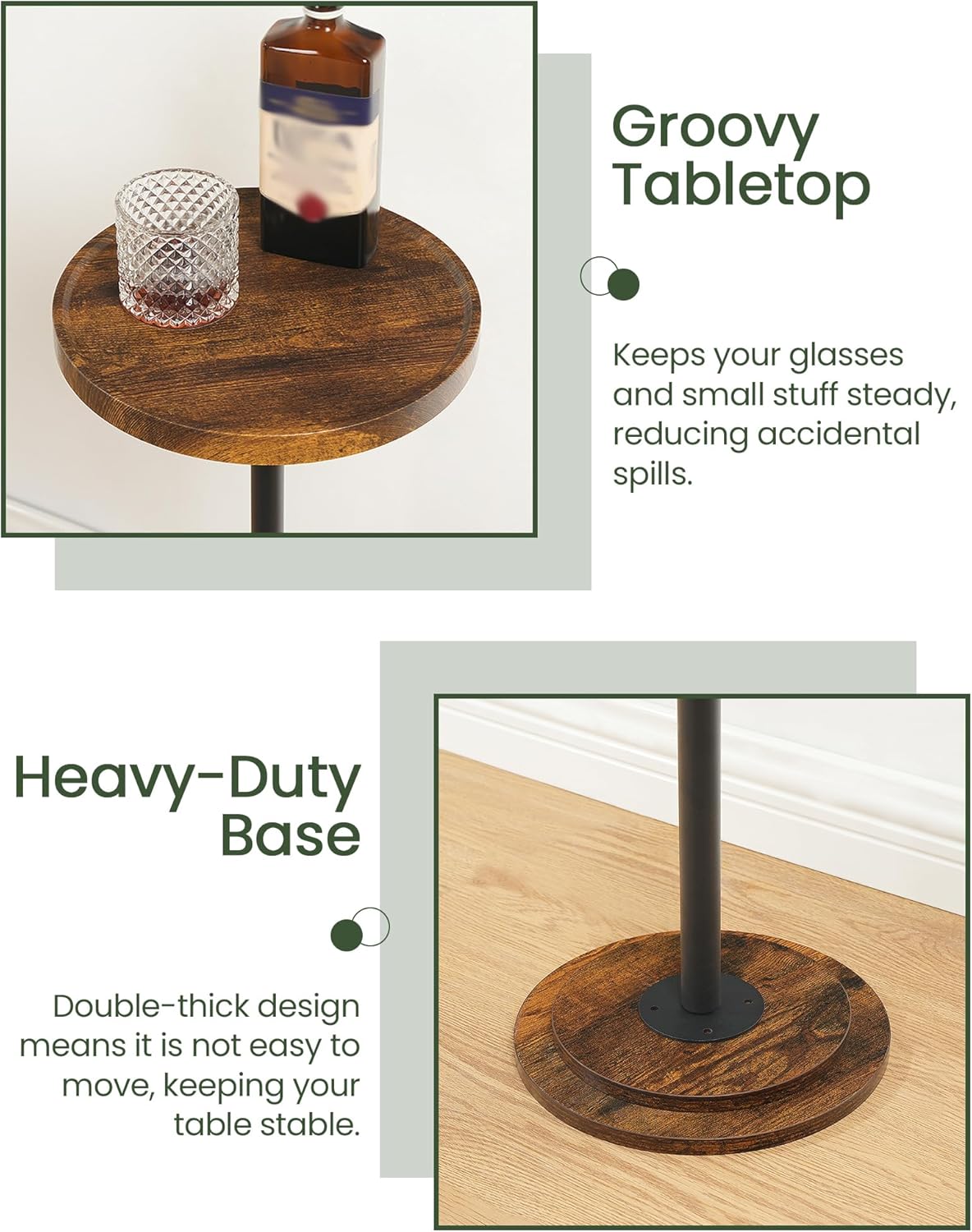 Drink Table, Small Round Side Table for Small Spaces, Thickened Base End Table, for Living Room, Bedroom, Rustic Brown and Black TBZ30BF