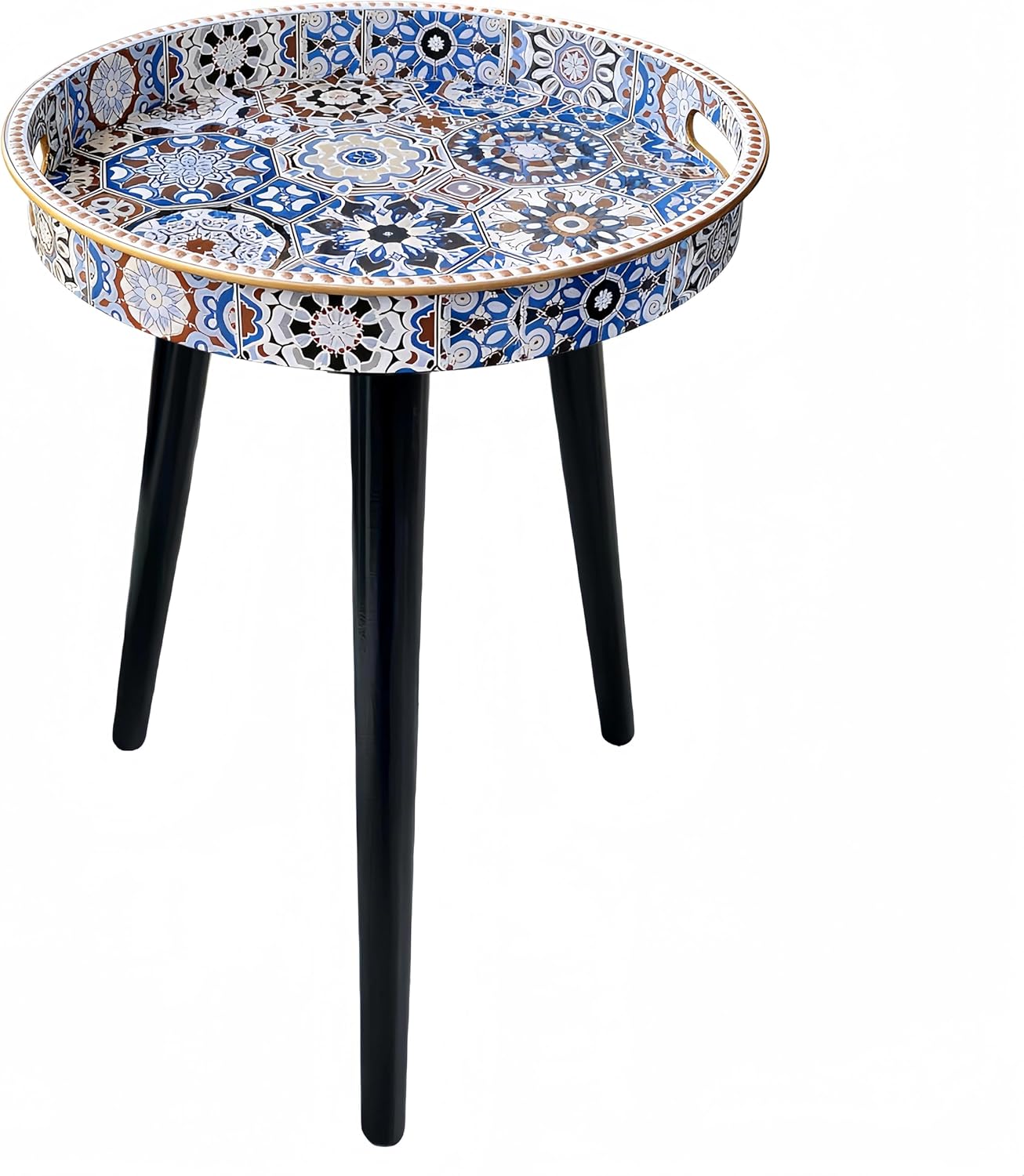 Zosenley Small Round Side Table - 13" Blue Boho Geometric End Table with Vintage Pattern Tray - Unique Artistic Accent Nightstand with Moisture-Resistant Wrapped Legs for Living Room Bedroom