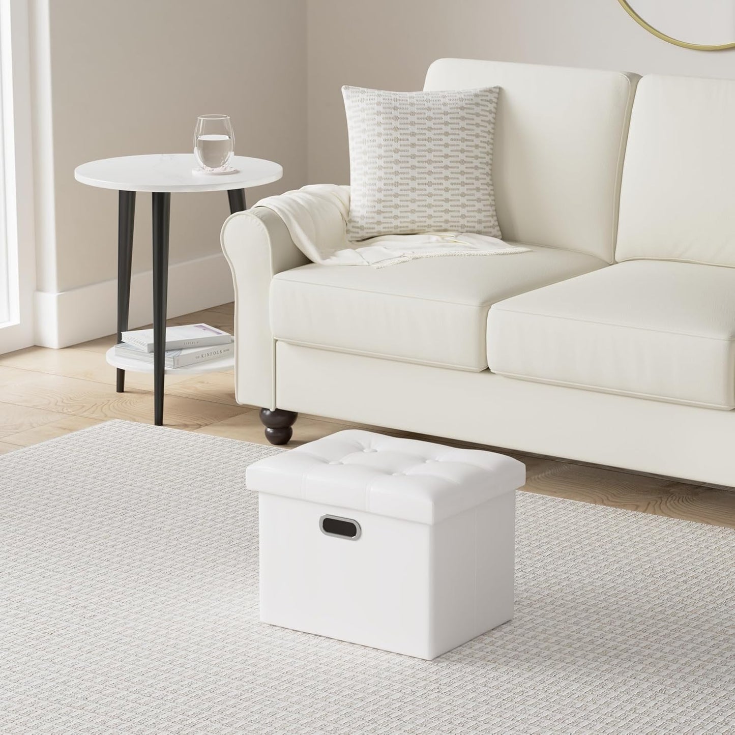 COSYLAND Storage Ottoman 17x13x13in Leather Rectangle Foot Rest Folding Bench Seat Organizer Entryway Furniture with Handles Lid White