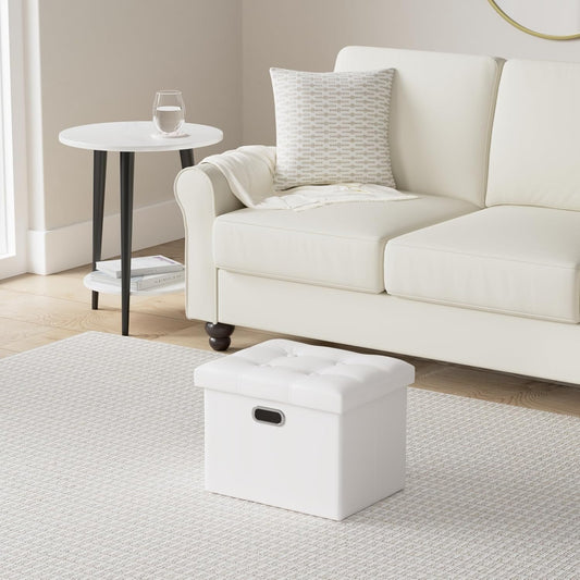 COSYLAND Storage Ottoman 17x13x13in Leather Rectangle Foot Rest Folding Bench Seat Organizer Entryway Furniture with Handles Lid White