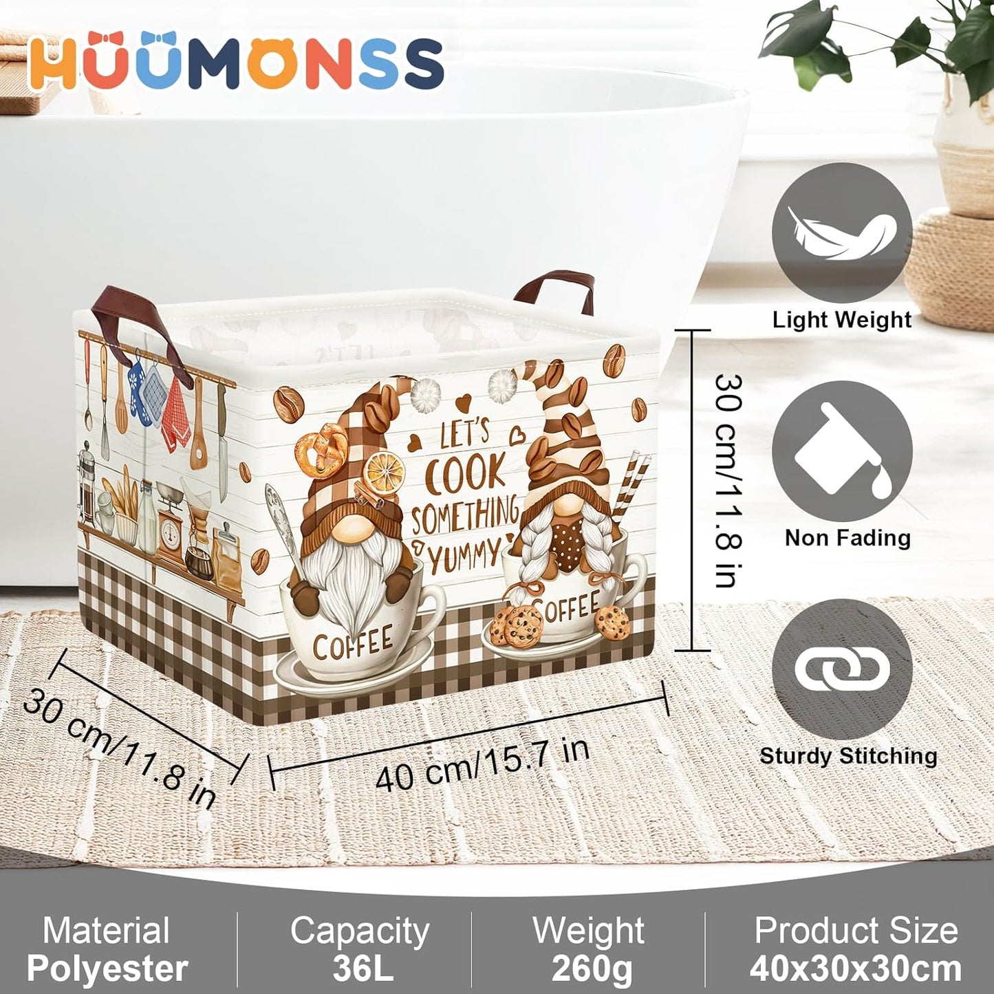 Kitchen Decor Tools Kid Storage Basket Collapsible Clothes Baby Nursery Hamper Large Book Shelf Basket Boy Girl Toy Box Bin, Gnome Coffee, 36L