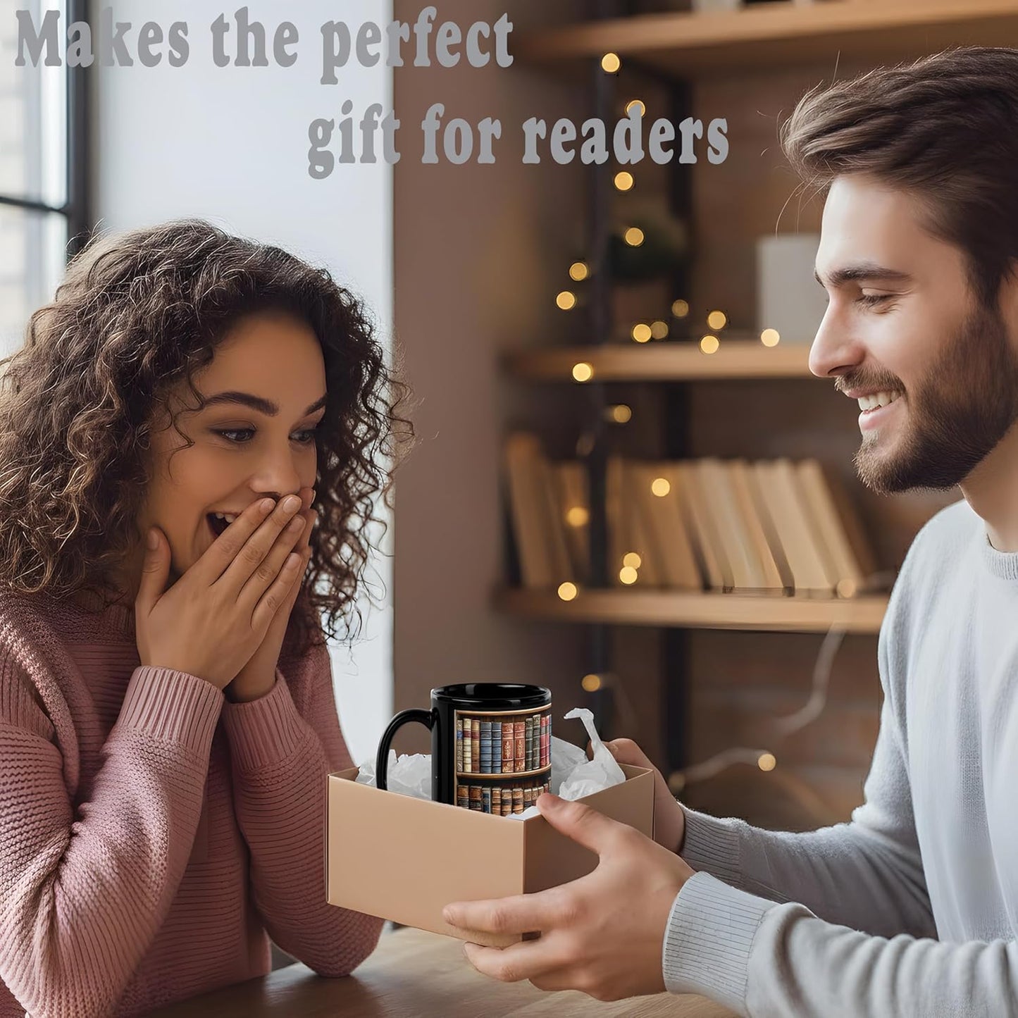 Book Mugs For Book Lovers: 15oz Capacaty, Made of Glossy Black Ceramic Perfect Reader Gifts, Bookshelf Design (Black, 15 oz B)