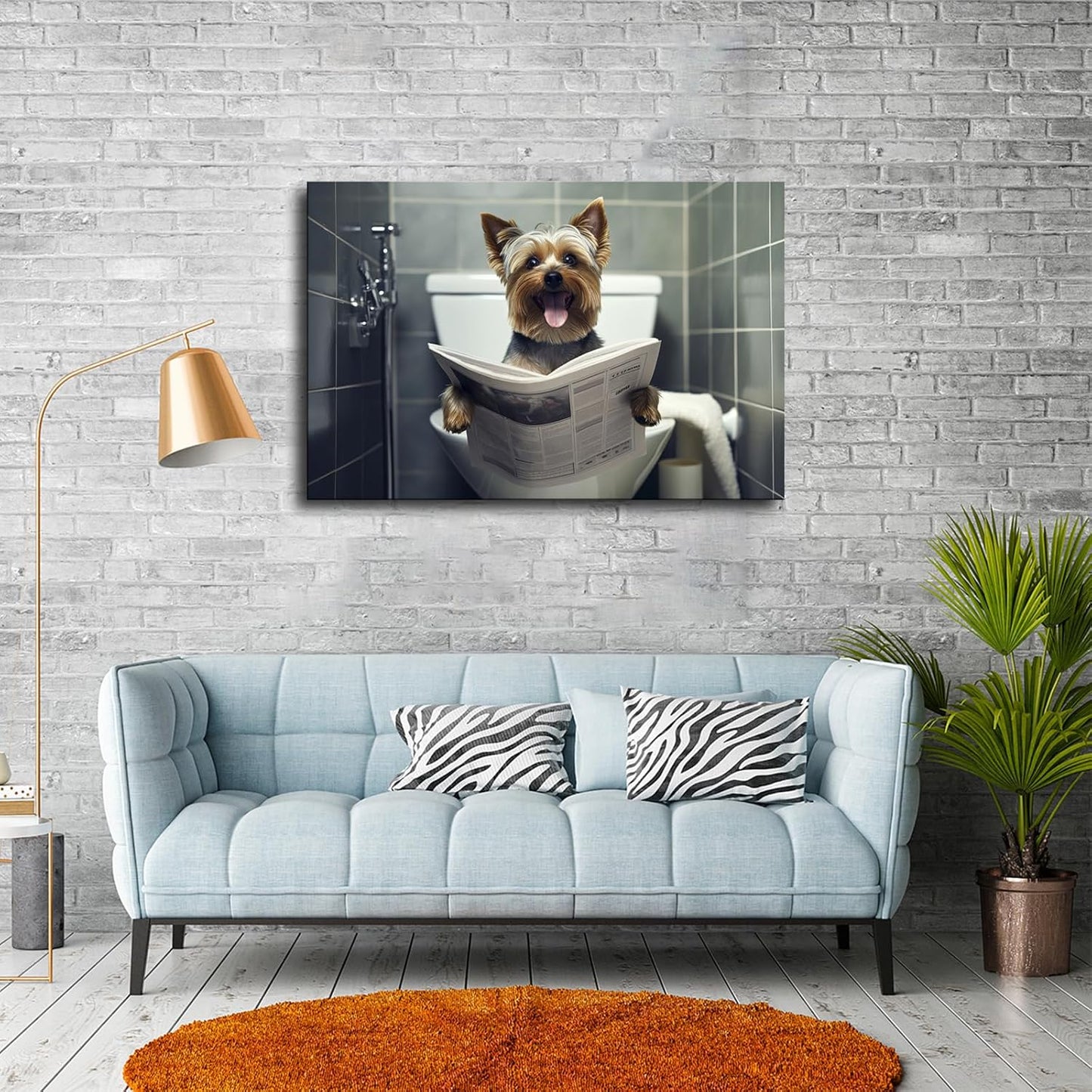 Funny Dog Bathroom Wall Art Dog Reading the Newspaper on Toilet Poster Wall Decor Wall Art Printing Picture Canvas Living Room Decor Painting Framed and Unframed. (12x18inch-Framed)
