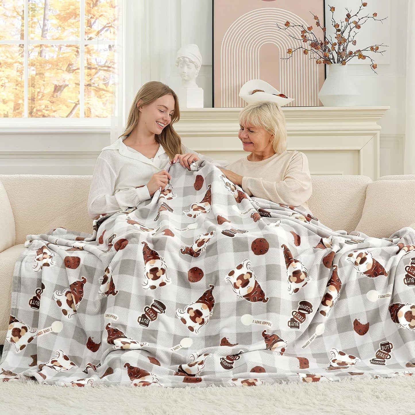 Cozy Bliss Gnome Coffee Throw Blanket - Warm MilkyPlush Throw Blankets,Ultra Soft Cozy Blankets for Couch,Sofa and Bed,Grey,60X80inches