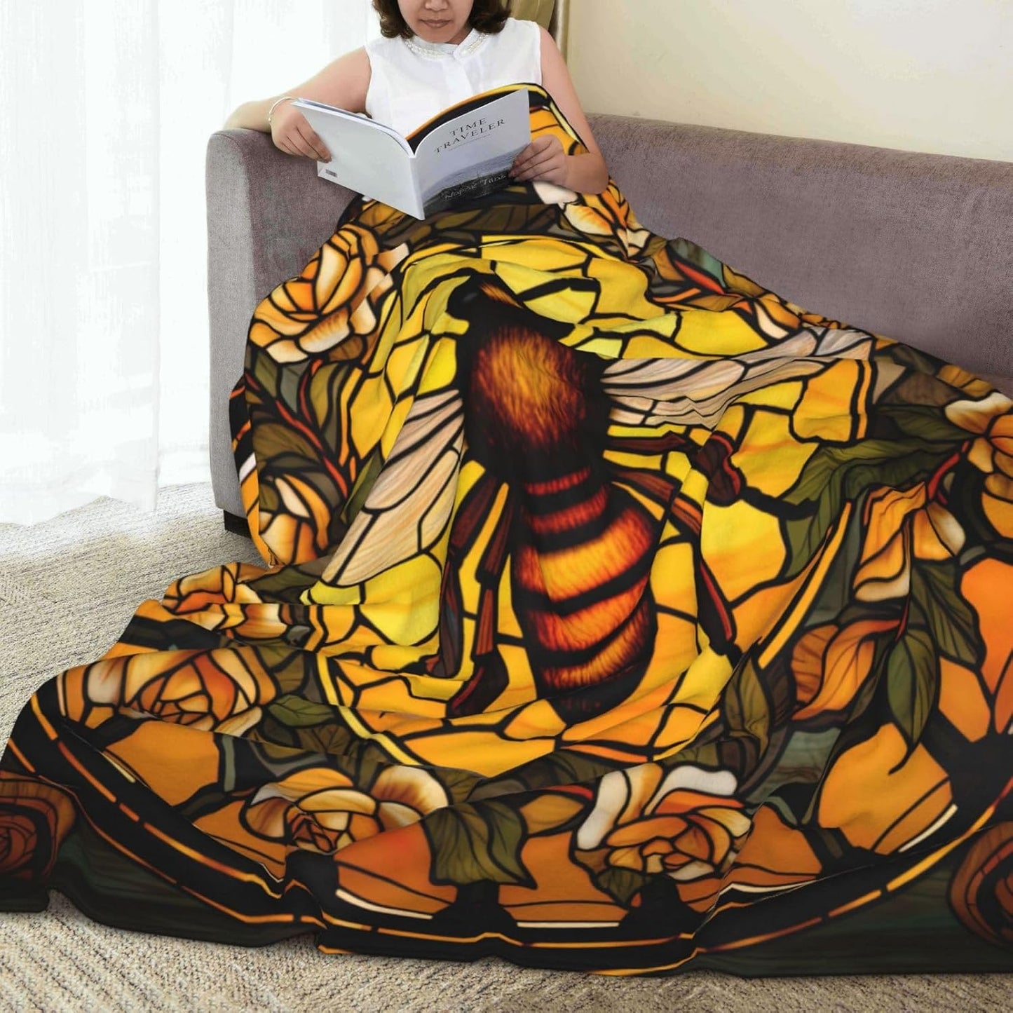 Bee Blanket for Adults Kids Bee Blanket Gifts 60" x 50" Flannel Stained-Glass Bee Yellow Rose Throw Blanket for Bed Living Room Sofa Couch Soft Warm Lightweight Cozy Bee Decor