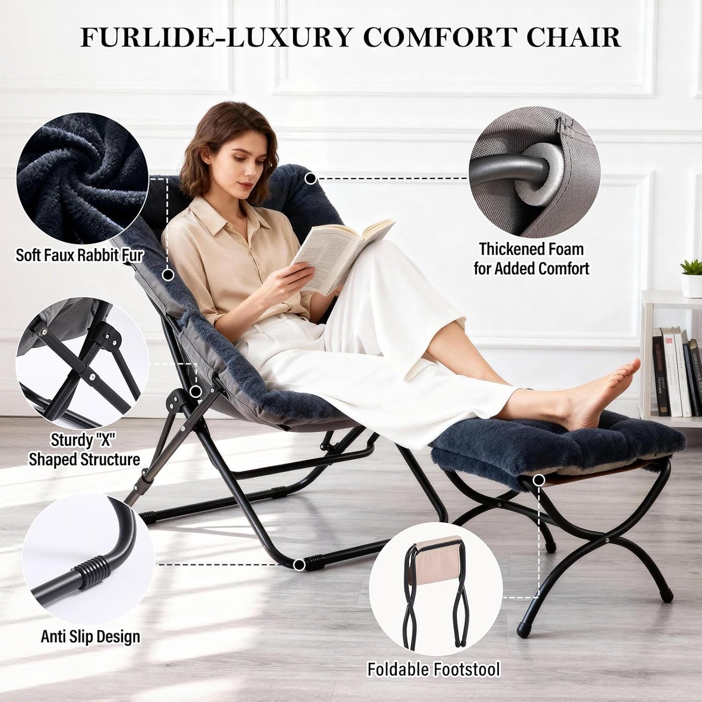 Saucer Chair with Ottoman, Comfy Doorm Chairs, Oversized Folding Faux Fur Chair, Foldable Metal Frame Chair for Bedroom, Living Room(Navy Blue)