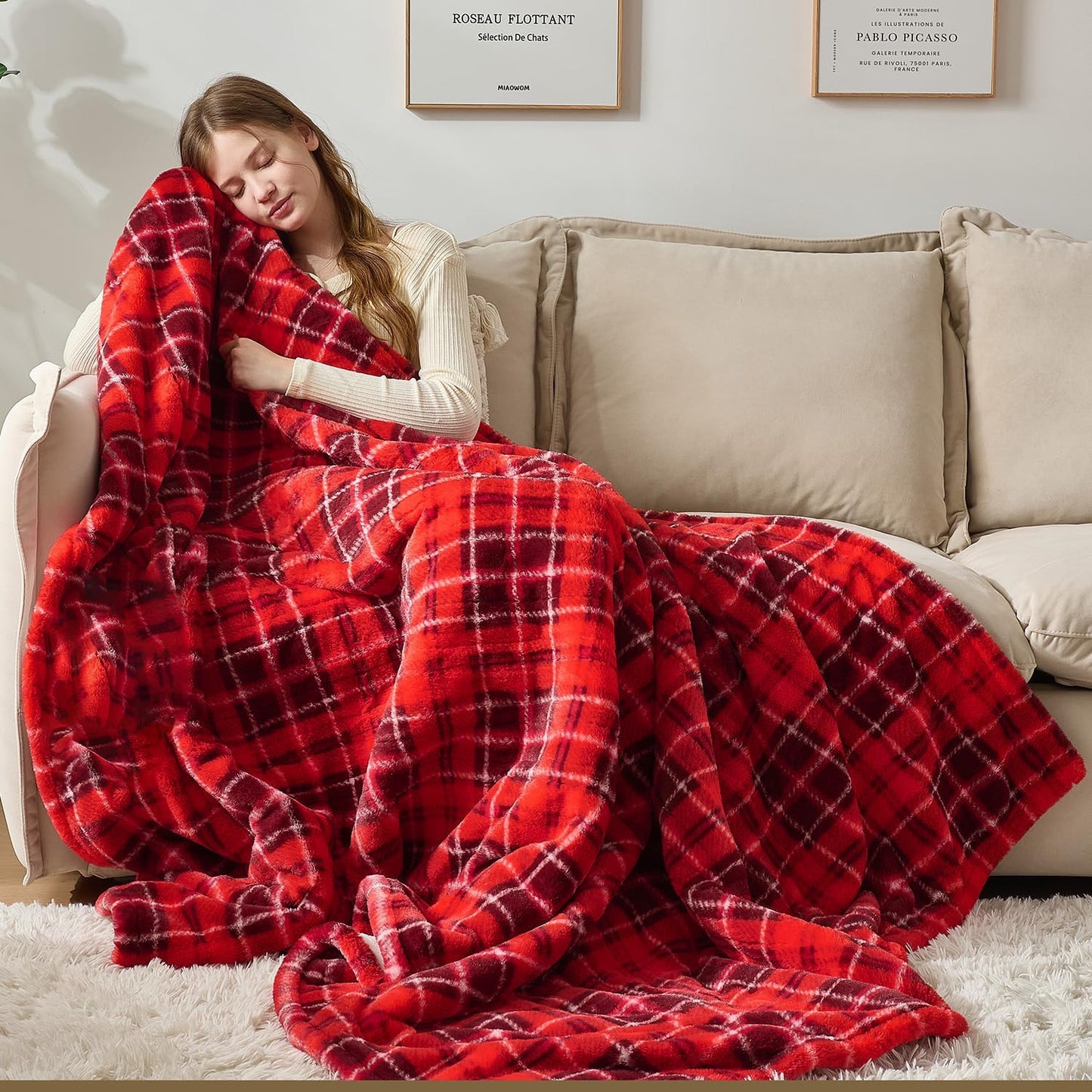 MAXEVE Heated Electric Blanket, 50"x60" Faux Fur Fast Heating Throw Blankets with 8 Heating Levels & 8 Hours Auto Off with Over-Heat Protection & ETL Certified, Plaid Red