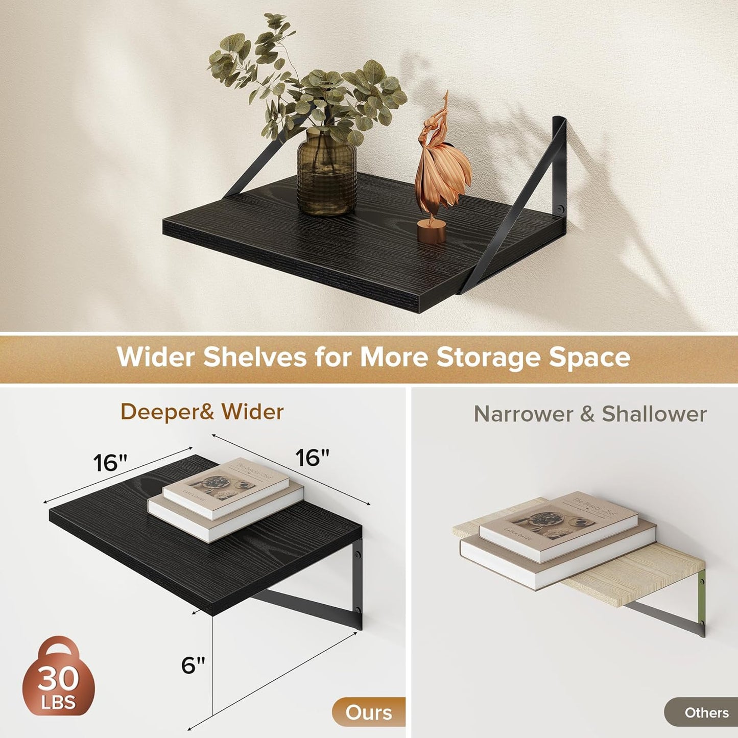 Deep Floating Shelves Wall Mounted, 16"x12" Black Wall Shelves with Brackets Set of 2 for Bedroom, Living Room, Bathroom, Kitchen, Office - Storage & Display Shelf for Decor, Books, Plants