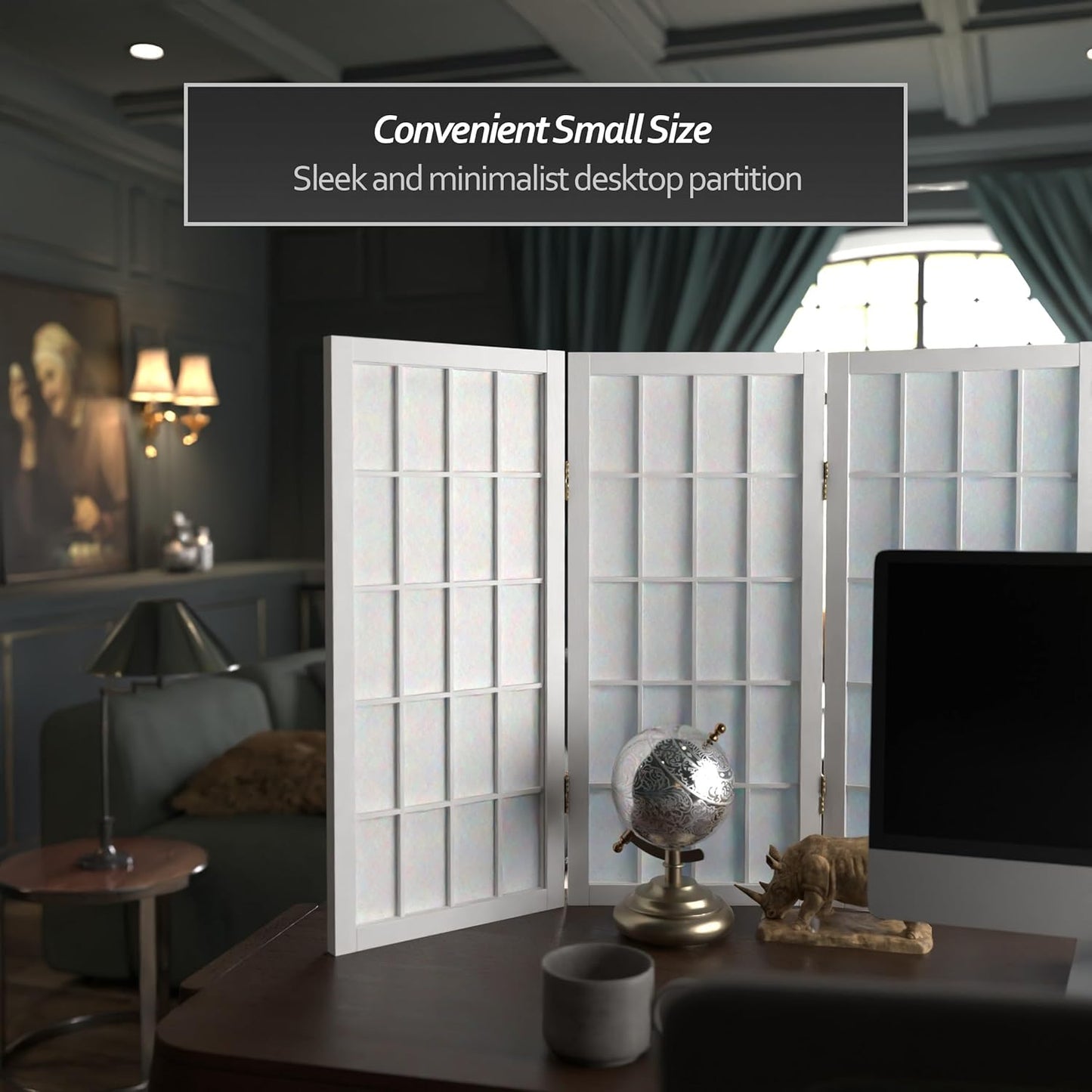 2 ft. Short Desktop Window Pane Shoji Screen - White - 3 Panels