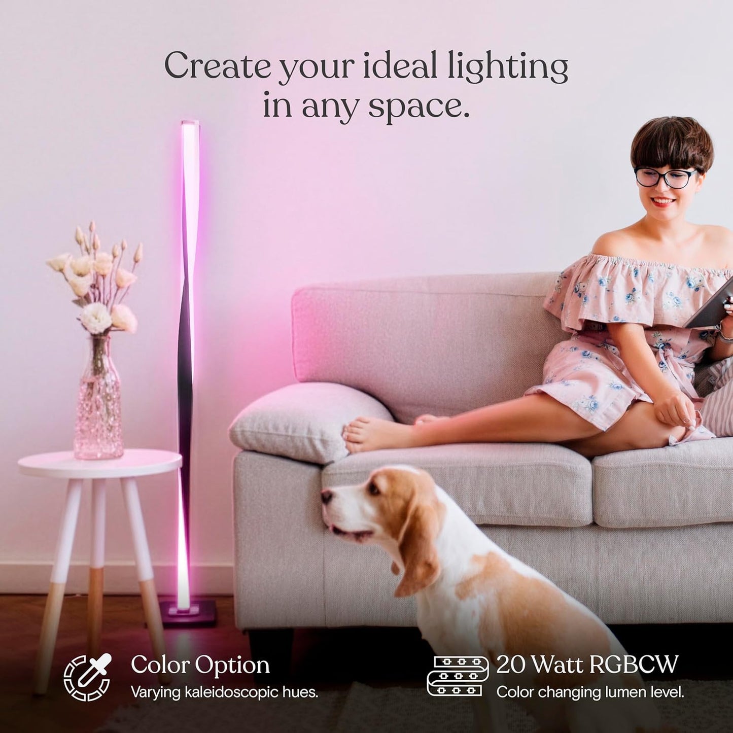 Brightech Helix Modern Color Changing LED Floor Lamp - 48” Tall Lamp with RGB Color Gradient and Contemporary Twisting Column Pole - Corner or End Table Standing Lamp - Built-in NO APP - Black