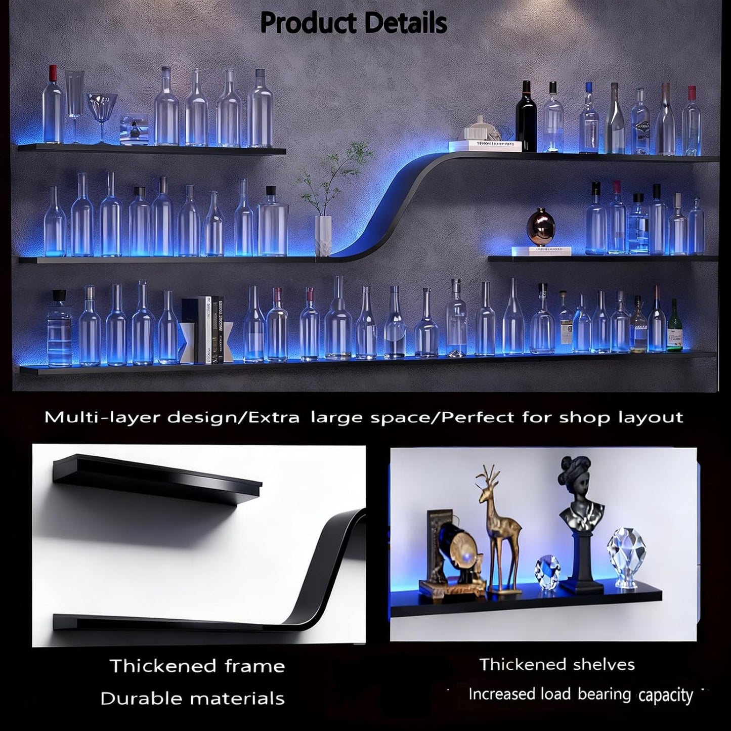 Modern Wall Mounted Wine Rack with Blue LED Light, 3-tiers Metal Curved Bar liquor Bottles Display Shelf, Large Floating Bar Shelves Storage for Home bars, kitchens Coffee Shop (Black, 47in)