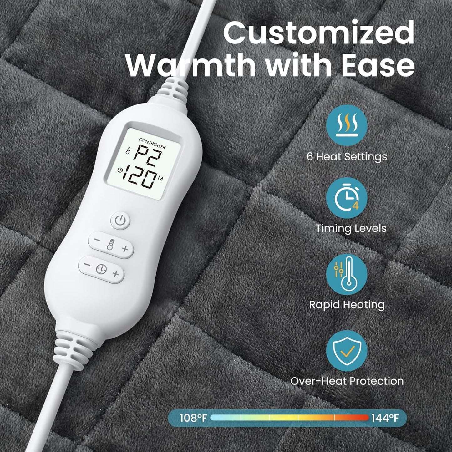 NOWWISH 5lbs Weighted Heating Pad for Women, Electric Heated Weighted Blanket with 6 Heat Settings, Timer & Auto Shut-Off, Relief for Period Cramps, Back Pain, Lap, Machine Washable, 29x24 inch, Grey