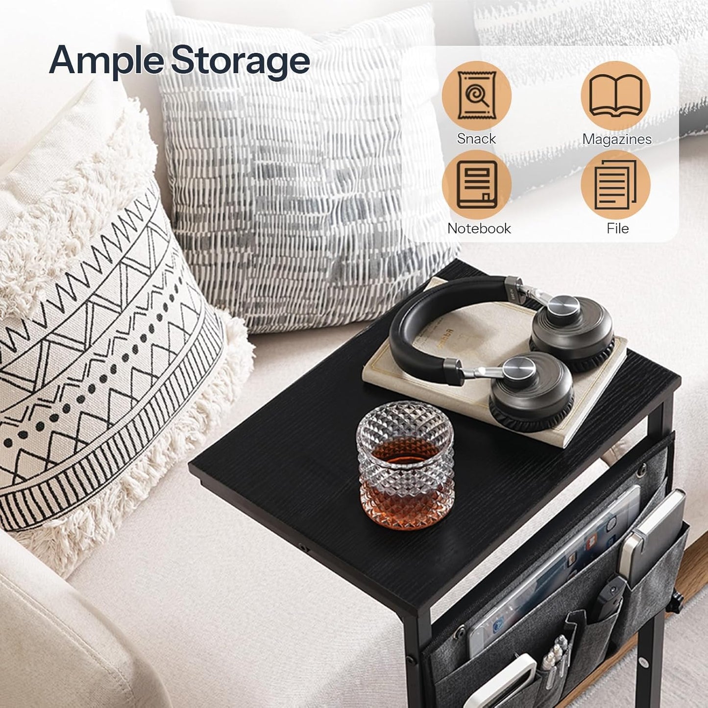 HOOBRO C Shaped End Table, Adjustable Side Table for Sofa, Couch Table that Slide Under, Small Table with Storage Pockets, for Living Room, Bedroom, Black BB77SF01