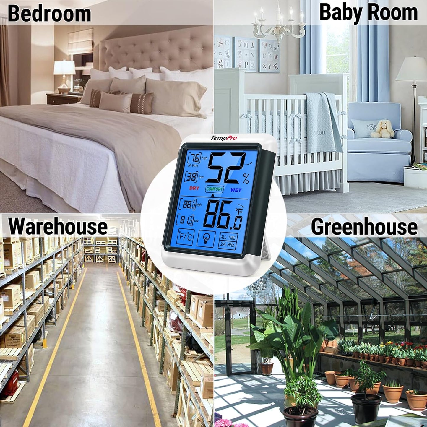 ThermoPro TP55 Digital Indoor Hygrometer Thermometer, 4-Inch Temperature / Humidity Monitor with Touchscreen and Backlit, Indoor Room Thermometer / Humidity Meter for House Home Greenhouse