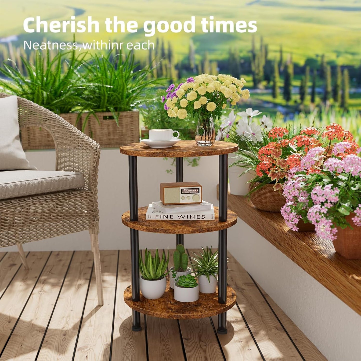 Simple Trending End Table Living Room, Small Round Side Table, 3 Tiers Accent Table for Small Spaces, Rustic Brown