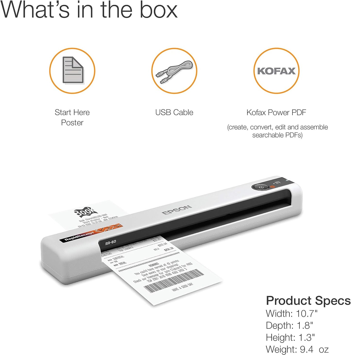 Epson RapidReceipt RR-60 Mobile Tax Receipt and Color Document Scanner with Complimentary Data Management Software for PC & Mac