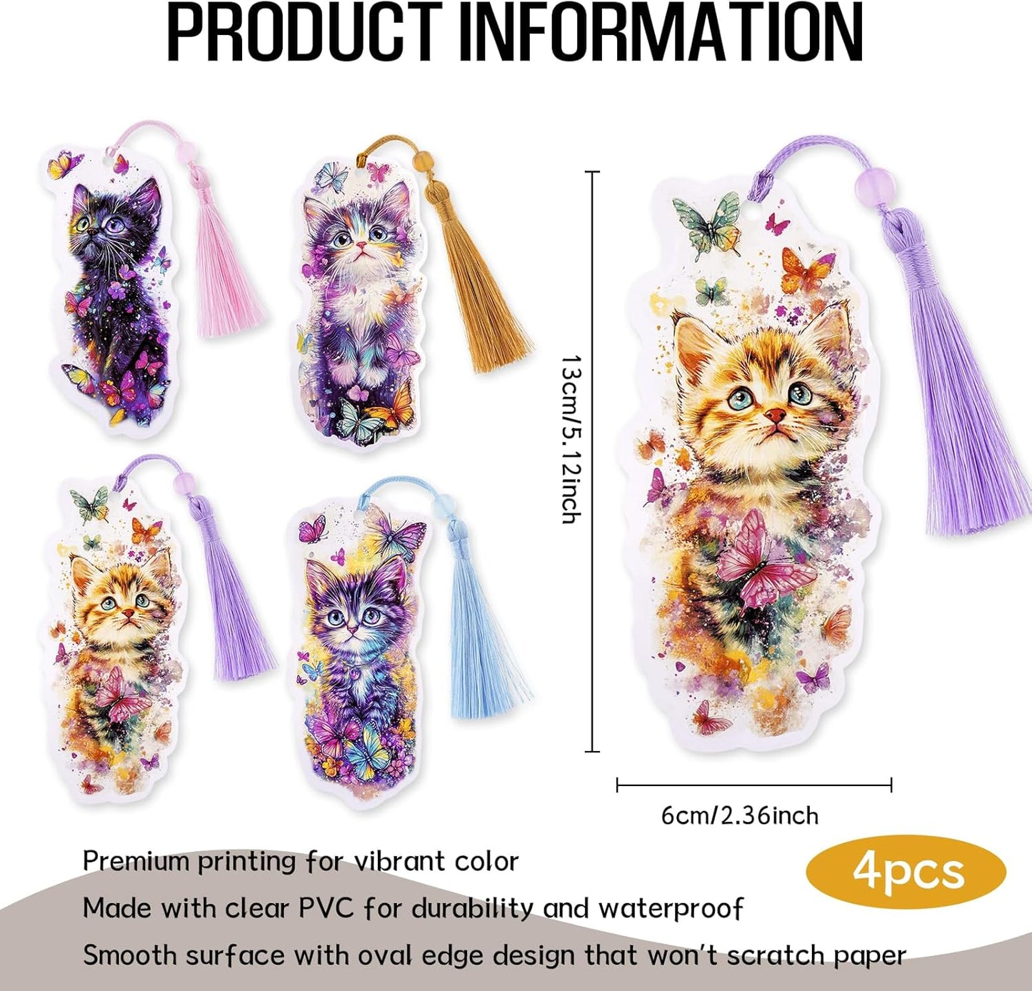 Cute Cat Bookmarks Gifts - 4 Pcs Cartoon Cats Butterflies Bookmark with Tassels Stained Glass Book Marks Gift Office Home Supplies for Women Kids Reading Lovers Writers Teacher Students Reader