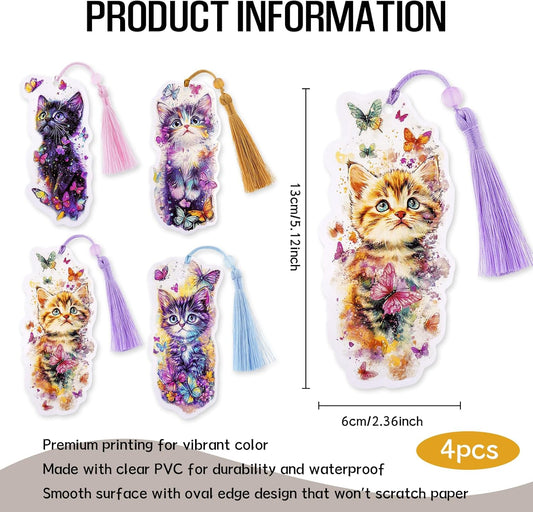 Cute Cat Bookmarks Gifts - 4 Pcs Cartoon Cats Butterflies Bookmark with Tassels Stained Glass Book Marks Gift Office Home Supplies for Women Kids Reading Lovers Writers Teacher Students Reader