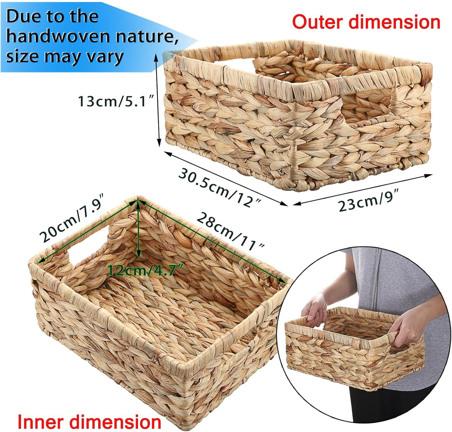 Hipiwe Water Hyacinth Storage Basket Bin Handwoven Decorative Basket Wicker Basket Box with Handles Small Open Home Storage Bins Containers for Shelf Pantry Organizing,12”x9"