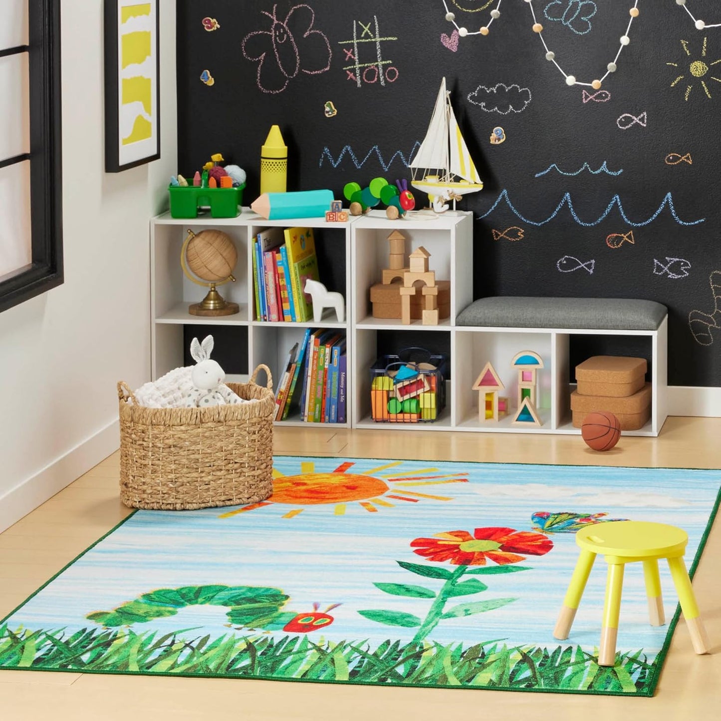 Home Dynamix Eric Carle The Very Hungry Caterpillar Elementary Sun Scene Kids Machine Washable Area Rug, Blue/Green, 35"x51"