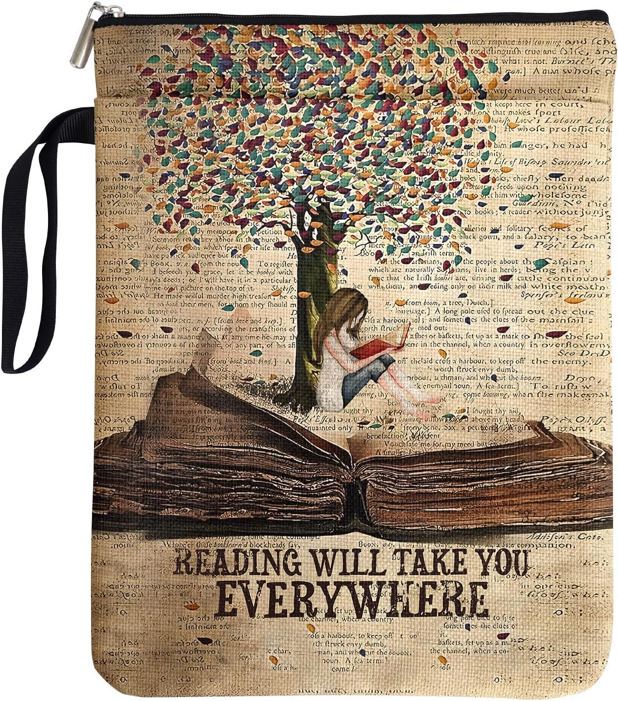 Reading Will Take You Everywhere Book Sleeve for Girls - Book Club Gifts Waterproof Book Cover | Vintage Travel Inspired Gifts for Book Lovers (Zipper Pocket)