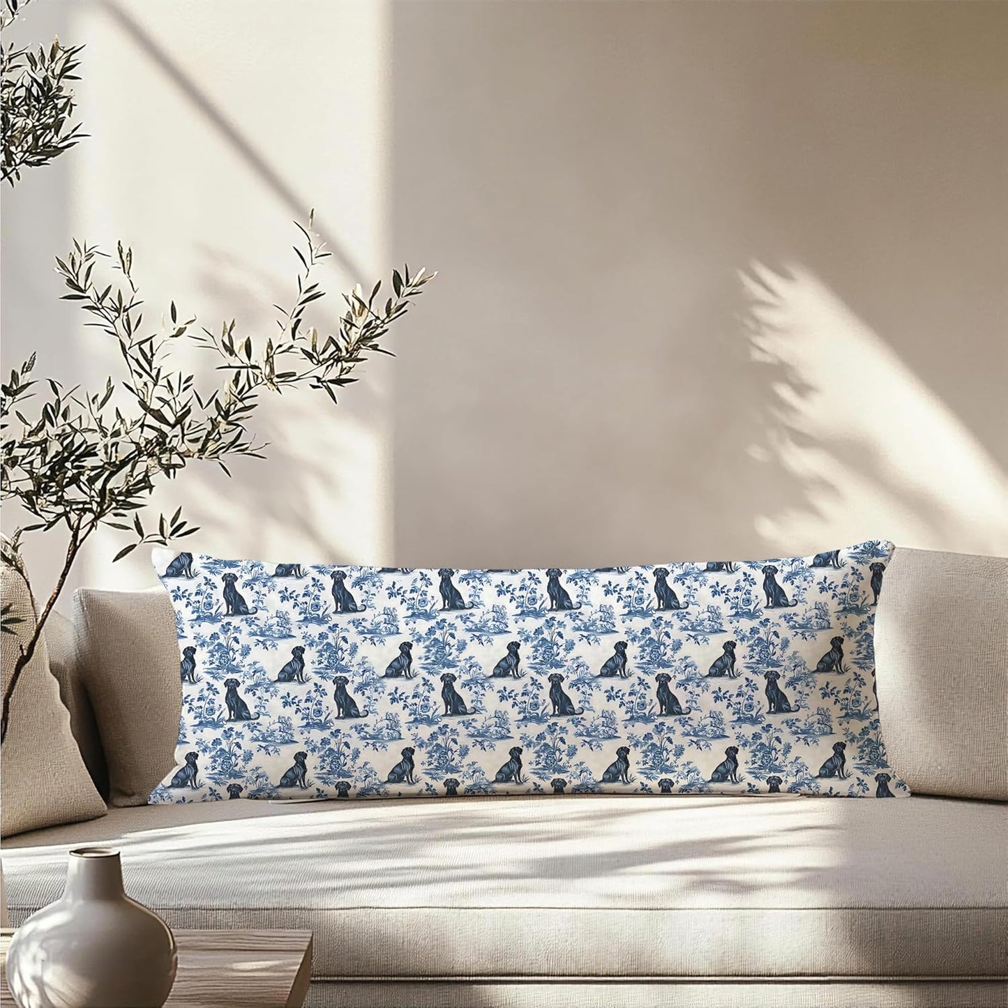 Blue and White Chinoiserie Labrador Retriever Decor 20x54 Body Pillow Cover,Labrador Retriever Gifts,Toile de Jouy Floral Dog Body Pillow Pillowcase with Zipper for Bed Couch