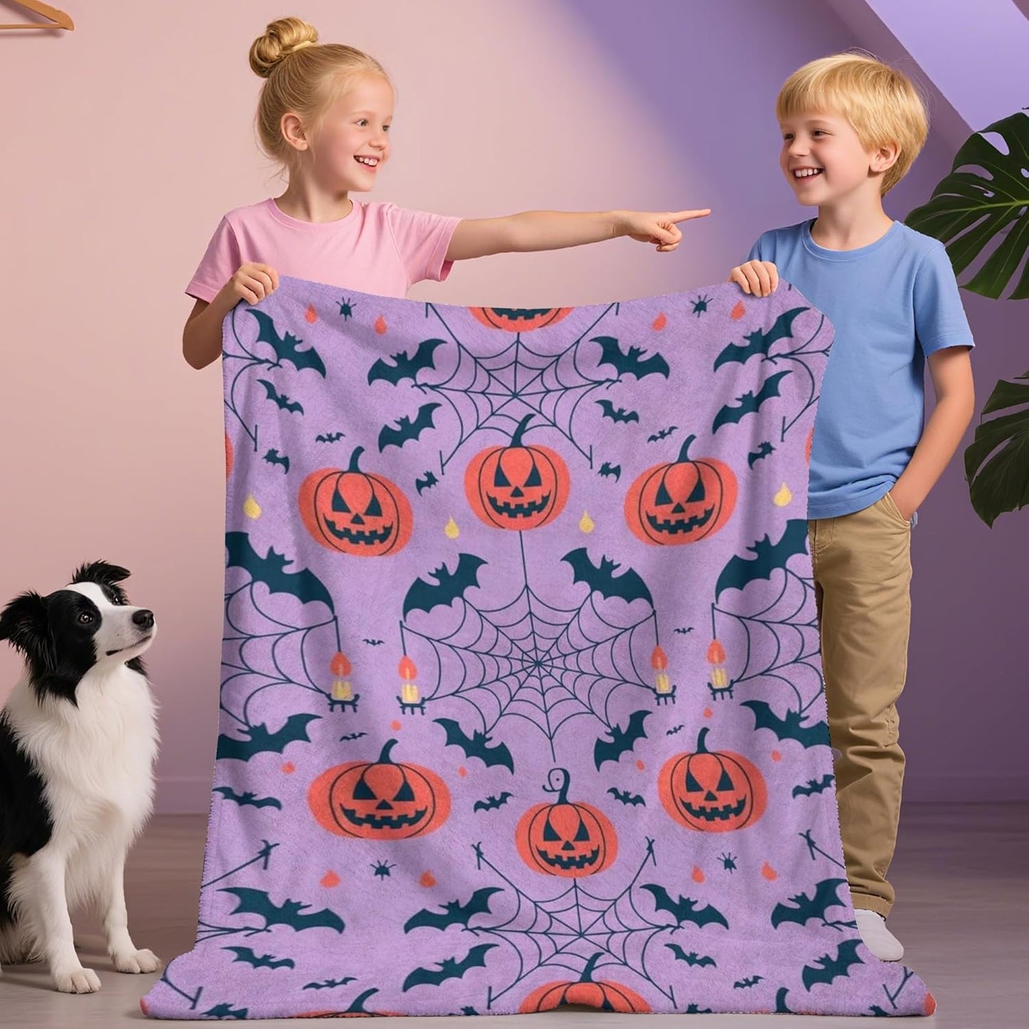 D-Story Halloween Fleece Throw Blanket Fall Pumpkin Blanket for Couch Sofa Bed Room Thanksgiving Gifts for Kids Adults 50" x 60" Purple