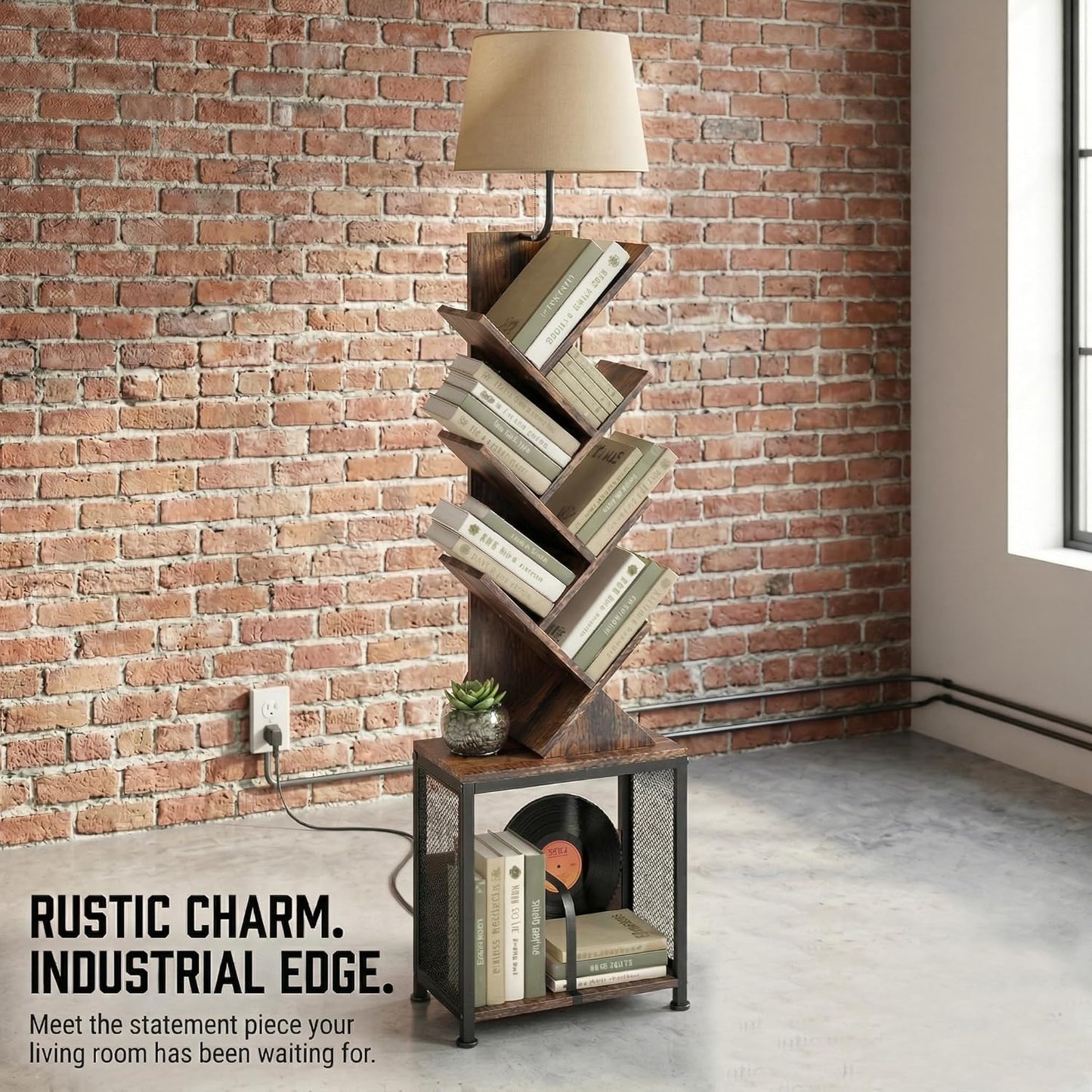 3in1 Tree Bookshelf Floor Lamp W/ Storage Cabinet, 62" Tall Reading Light with Unique Oval Fabric Shade & 8-Tier Book Organizer, Modern Standing Lamp for Living Room, Bedroom, Office (Rustic Brown)