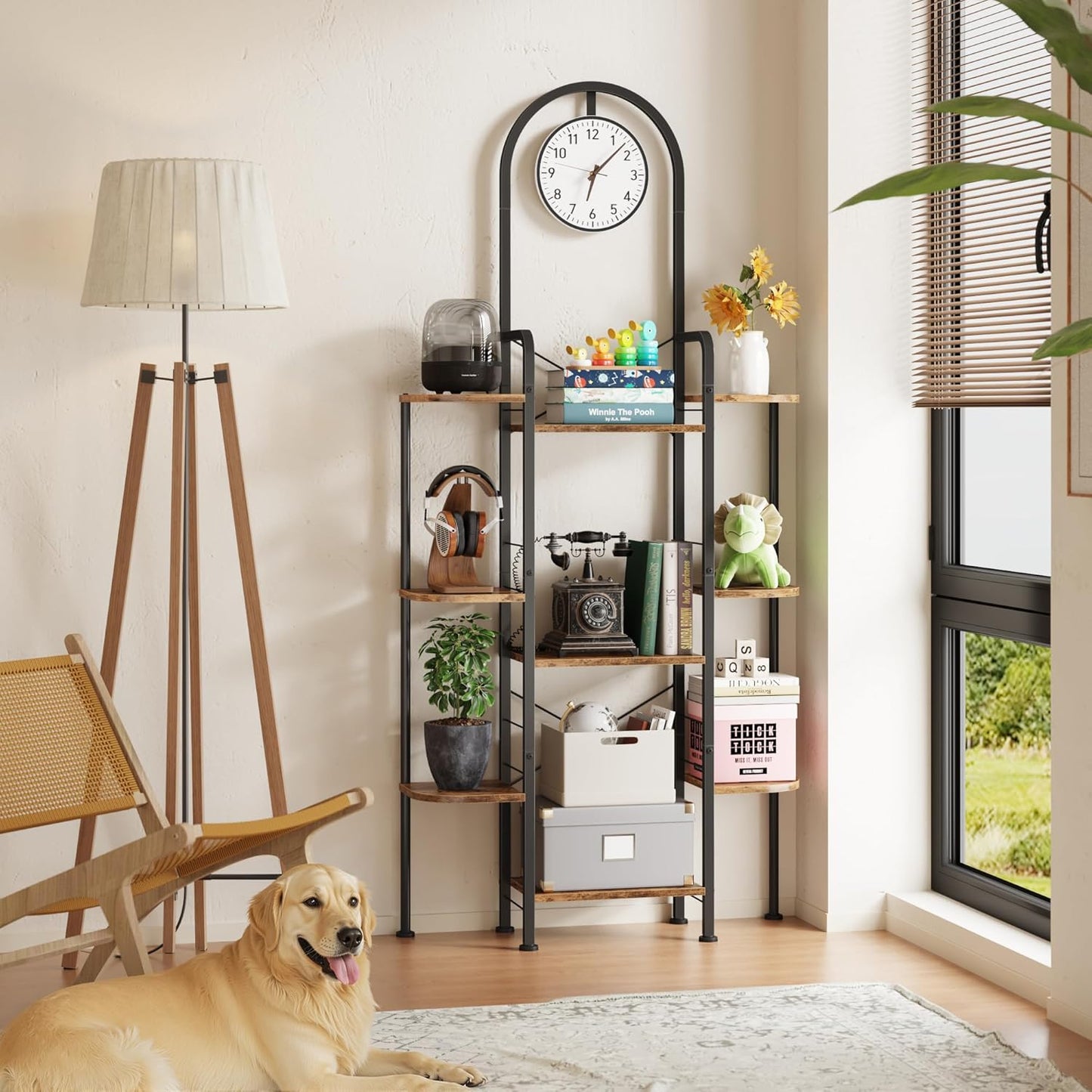 Bookshelf with Wall Clock, Triple Bookcase with Open Display Shelves, Industrial Style Book Shelves, Modern Display Shelf for Living Room, Bedroom, Home Office, Rustic Brown, 29.8" W