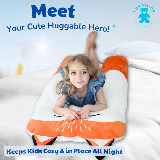 LUNAMIRA Fox Kids Body Pillow - 47" U-Shape Long Plush Soft Animal Pillow for Kids, Sleeping, Reading, ADHD & Special Needs Comfort, Anxiety, Washable Cover, Snuggle Fun Cuddle Gift for Boys & Girls
