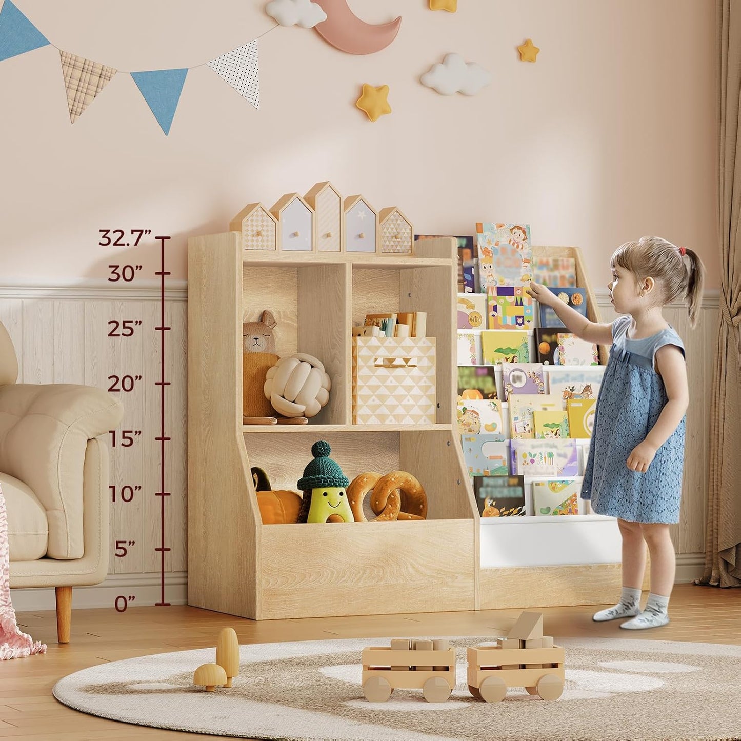 39.4" Kids Bookshelf and Toy Storage, 7 Layer Kids Book Sling Shelf, Toddler Bookshelf, Kids Bookcase, Toy Organizer Cabinet, Large, for Playroom, Bedroom, Nursery, Natural BKNW7301
