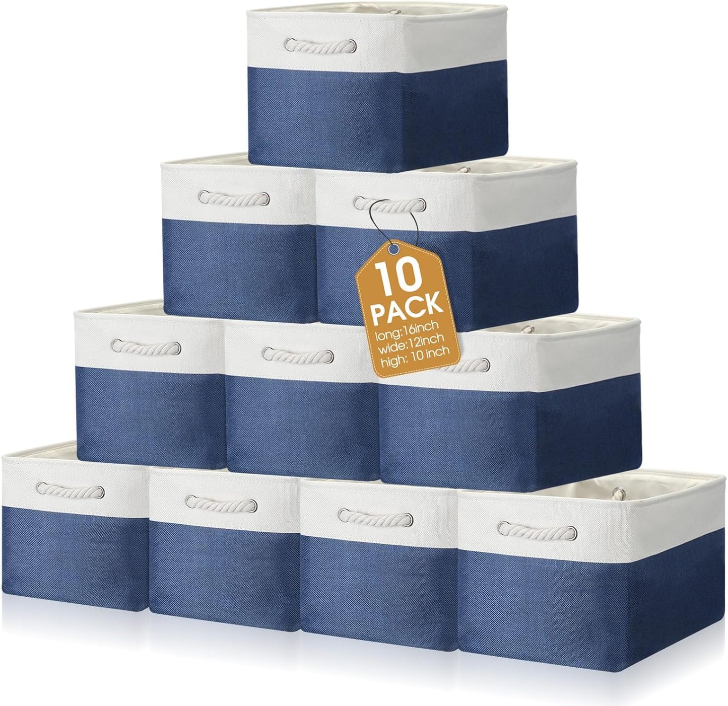 10 Pack Large Collapsible Fabric Storage Baskets with Handles Decorative Storage Bins for Organizing Shelves Toys Clothes(White & Dark Blue,16 x 12 x 10 Inches)