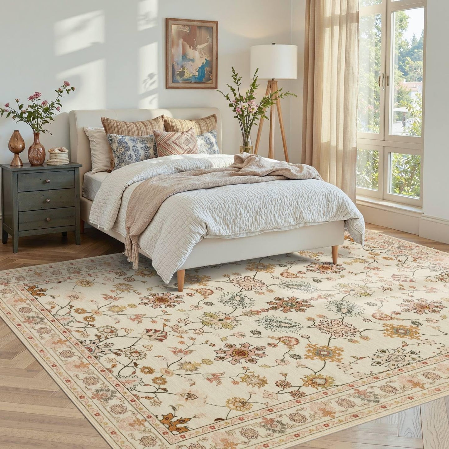 Floral Rug for Living Room Bedroom, 5x7 Washable Rug, Vintage Boho Area Rug, Large Non Slip & Low Pile Wool Carpet for Indoor Dining Room, Girls Room, Nursery Room and Kids Room(Apricot 5x7ft)