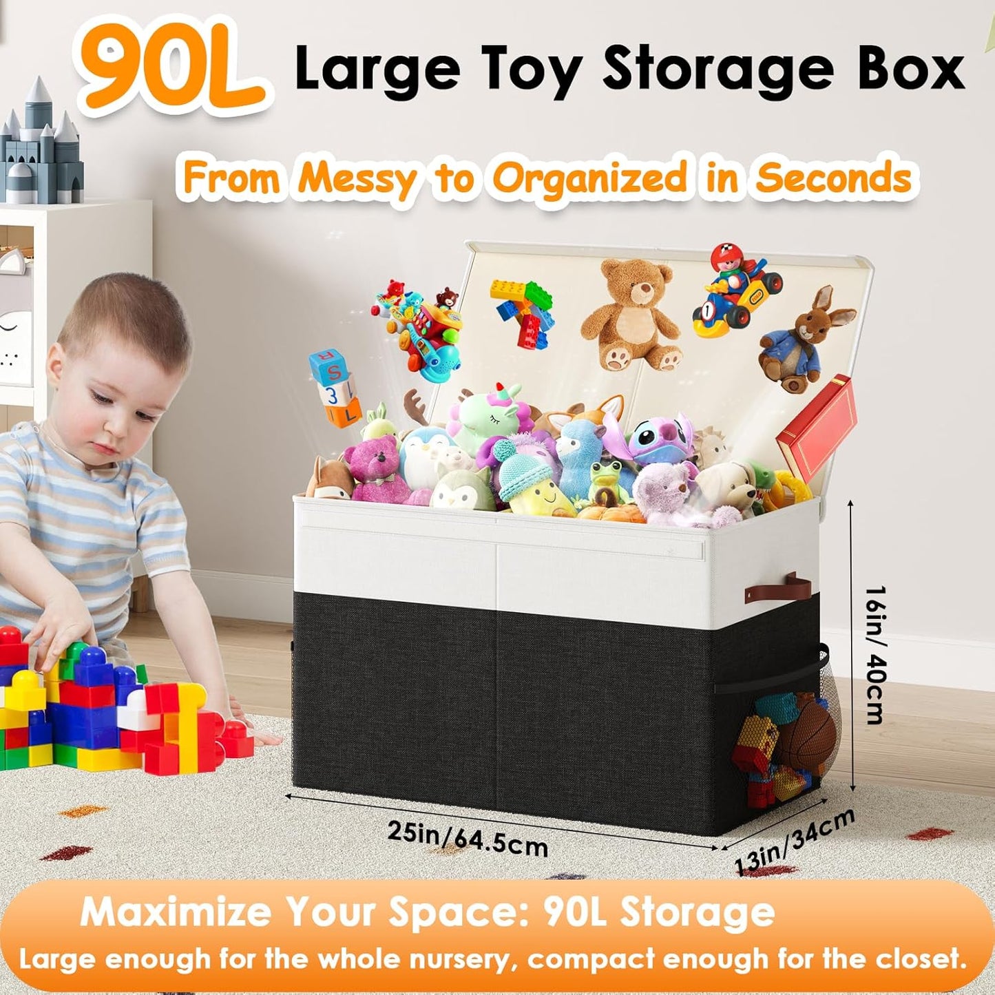 Large Toy Storage Box with Lid Upgraded Toy Storage Chest Organizer with Divider Foldable Toy Bin for Kids Boys Girls Playroom Nursery Bedroom (25"x13"x16")