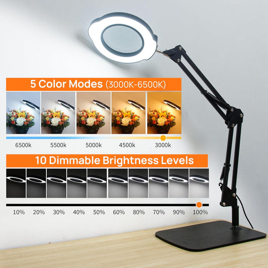 10X Magnifying Glass with Light and Stand, 84 LEDs 2 in 1 Magnifier Lamp with Clamp and 5 Color Stepless Dimmable Modes for Hands Free Reading Sewing Crafts Repair and Close Work