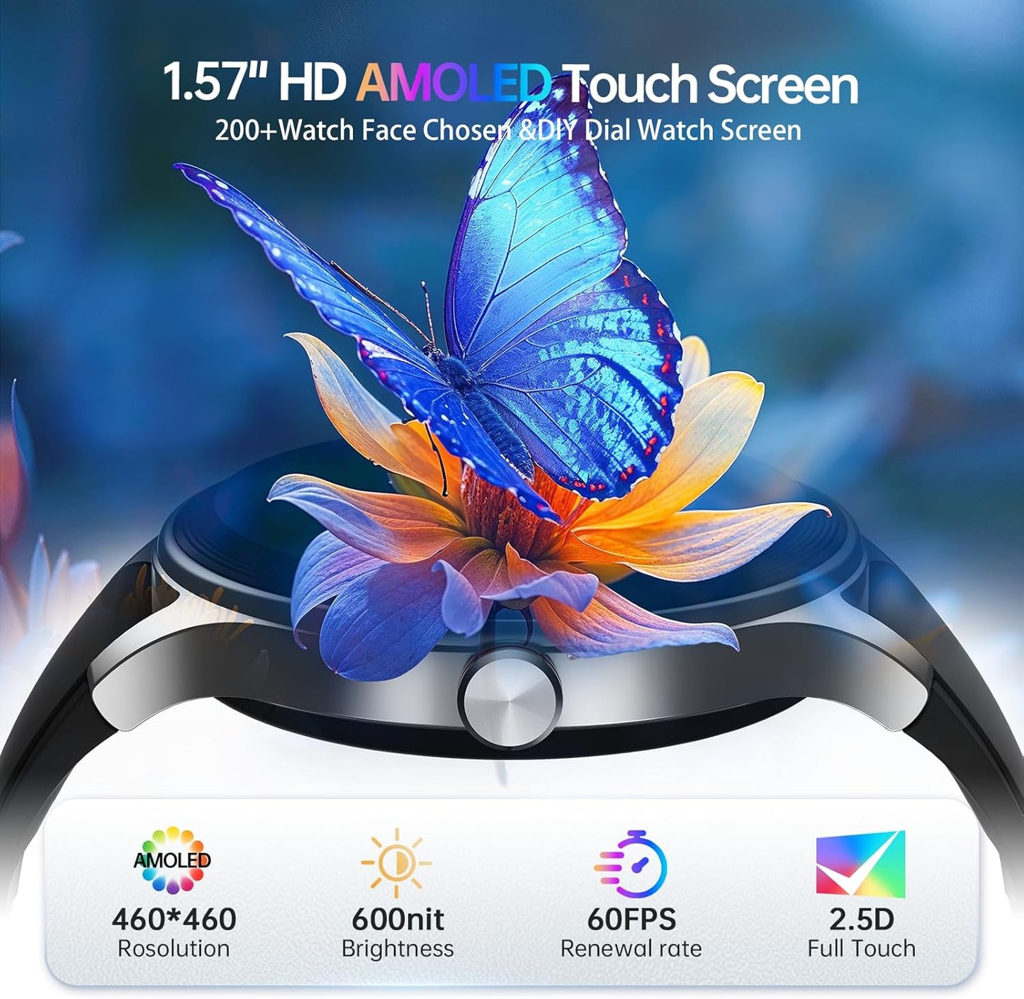 Smart Watch for Men,1.57inch AMOLED Touchscreen Fitness Watch for iPhone & Android,Heart Rate/Sp02/Sleep Monitor,110+ Sport Modes IP68 Waterproof Bluetooth Calls,2 Bands (Black, 1.57)