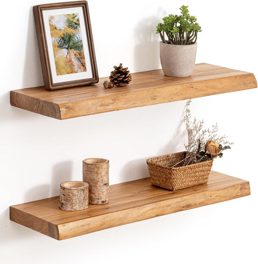 24 Inch Live Edge Floating Shelves, 8 Inch Deep Solid Elm Wood Wall Shelf, Heavy-Duty Wall Mounted Shelf with Invisible Brackets for Living Room, Bathroom, Kitchen, Set of 2, Natural Color