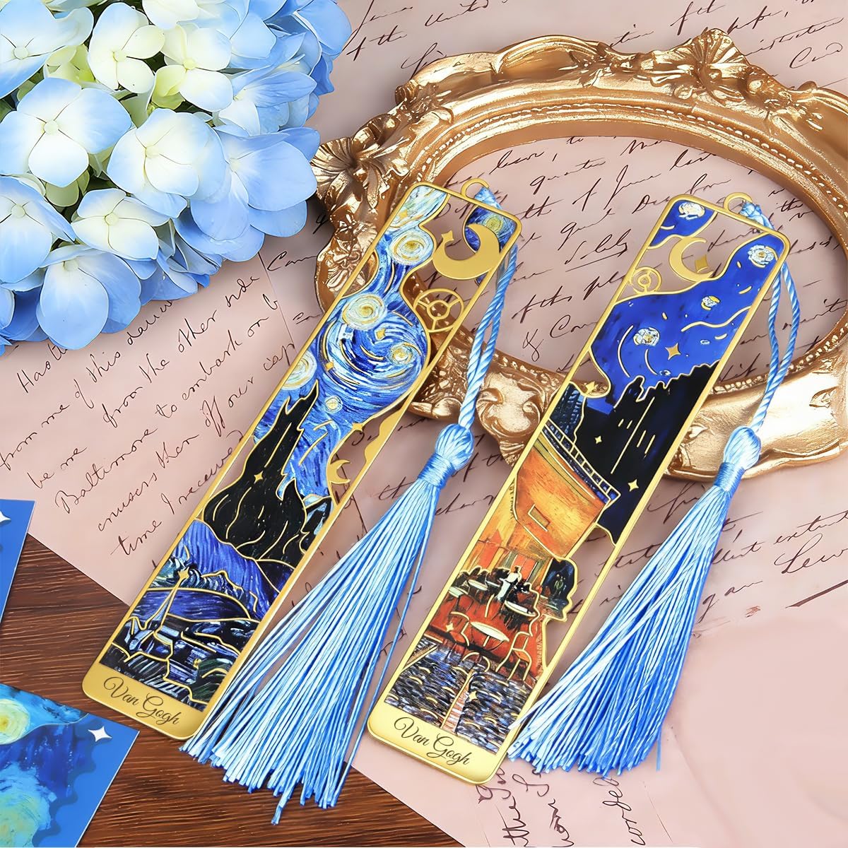 Metal Bookmarks with Tassel, Golden Van Gogh Monet Oil Painting Theme Cute Hollow Book Markers for Reading Women, Teachers, Students, Book Lovers, Reading Accessories Gifts for Book Lovers (6PCS)
