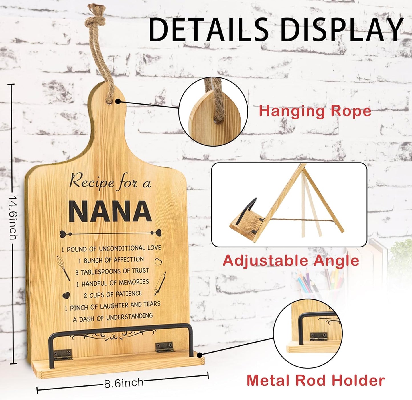 Nana Gifts, Foldable Wooden Cookbook Stand for Grandma, Unique Recipe Stand for Kitchen Counter, Nana Kitchen Gifts for Mothers Day