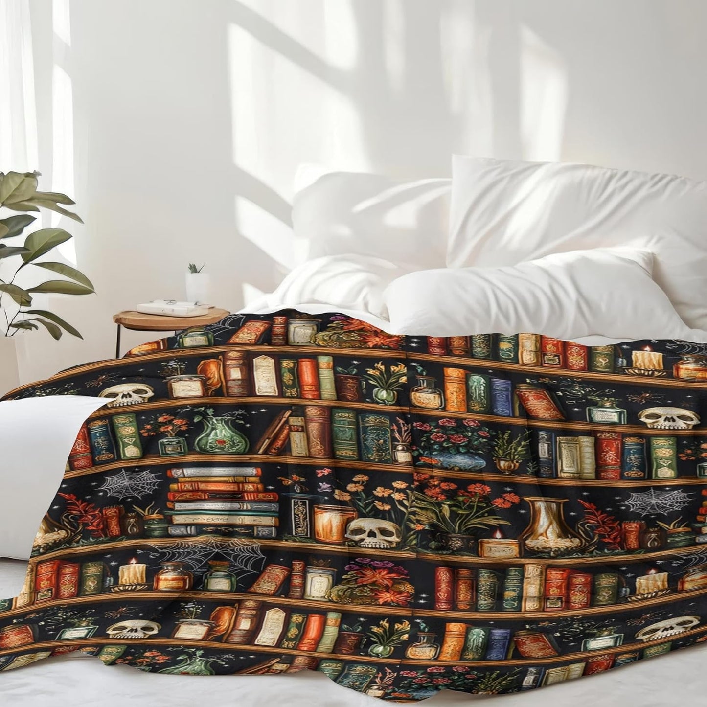 Halloween Bookshelf Blanket for Book Lovers 60"x50", Fall Throw Blankets Lounging Blanket for Reading Area Couch Office Reading Area Bookworm Adults, Wife