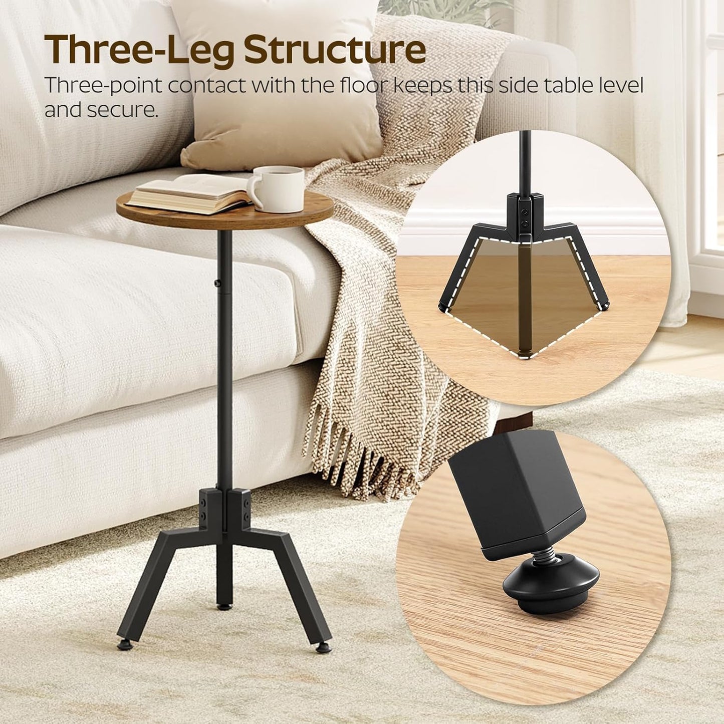 Round Side Table, Small End Table, Drink Table, Beside Table for Small Space, Coffee Martini Table with Pedestal in Bedroom, Living Room, Easy Assembly, Rustic Brown and Black ET17BR