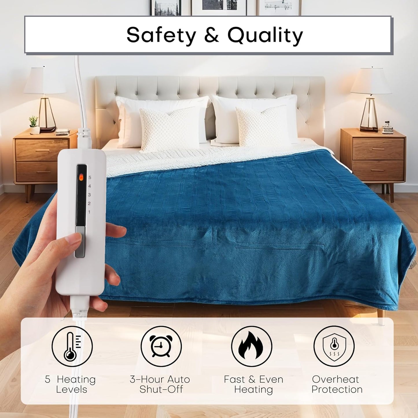 Electric Blanket Twin Size 62" x 84", Thickened Flannel and Sherpa Heated Blanket,10 Hours Timer Auto-Off,5 Heating Levels, Machine Washable, Lake Blue&White