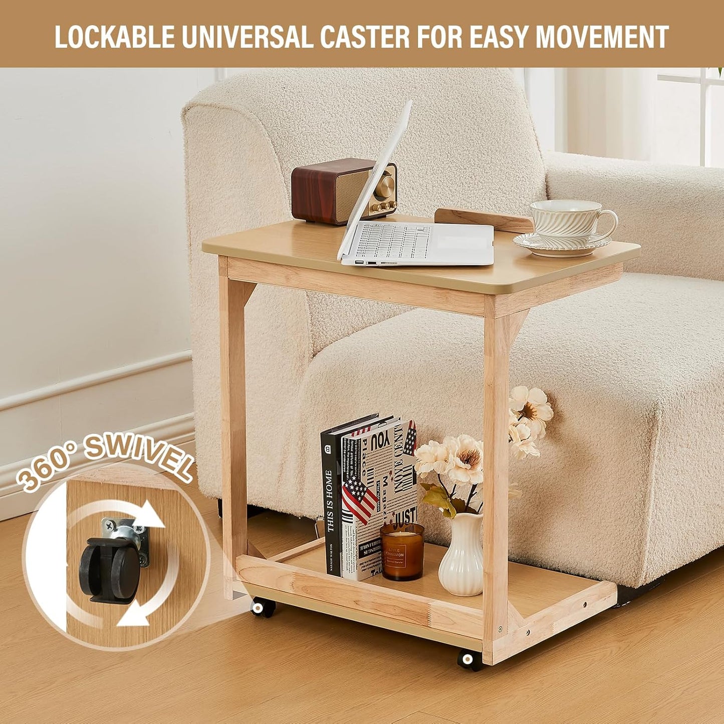 CozyDH Bedroom Side Table - Wooden End Tables Bedroom, C Shaped End Table with Wheels, Small Rolling Table for Bedside, Skinny Tray Desk for Sofa/Couch/Living Room, Natural